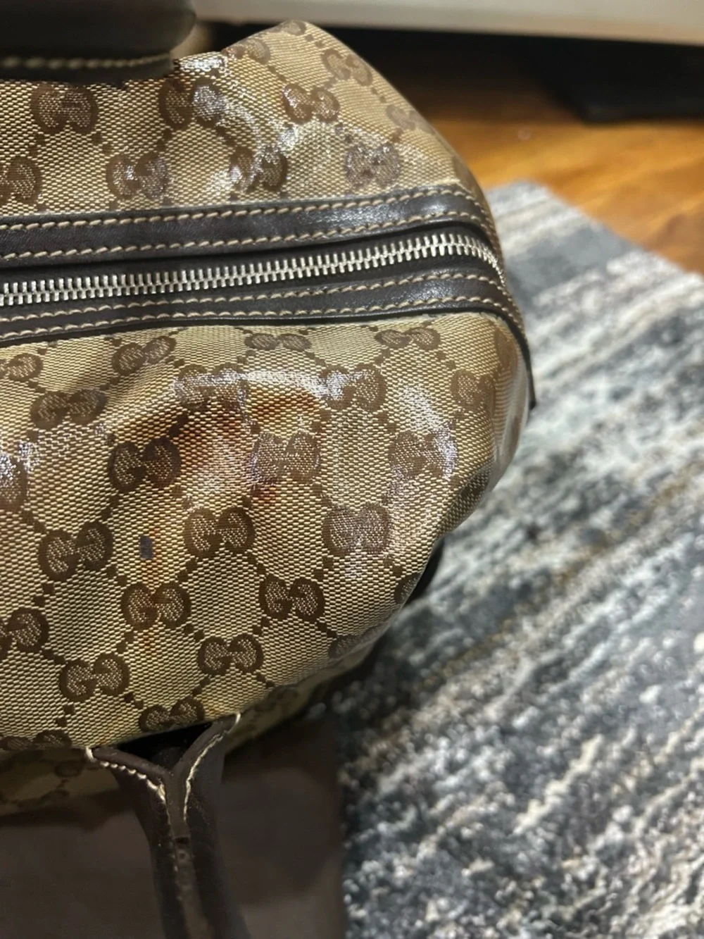 Gucci Boston Brown Tan GG Coated Canvas Shoulder Bag with Dark Brown Trim! - Picture 4 of 16